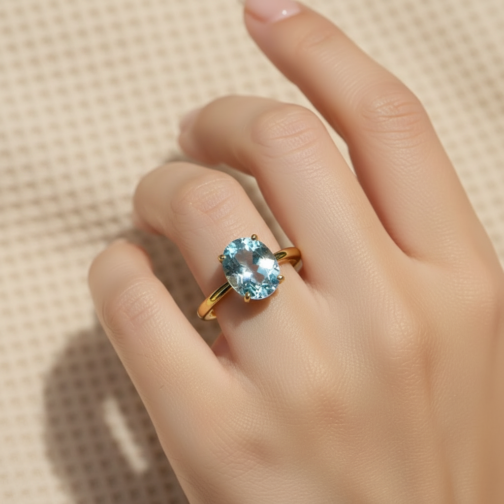 Natural Blue Topaz Solitaire Ring in Gold