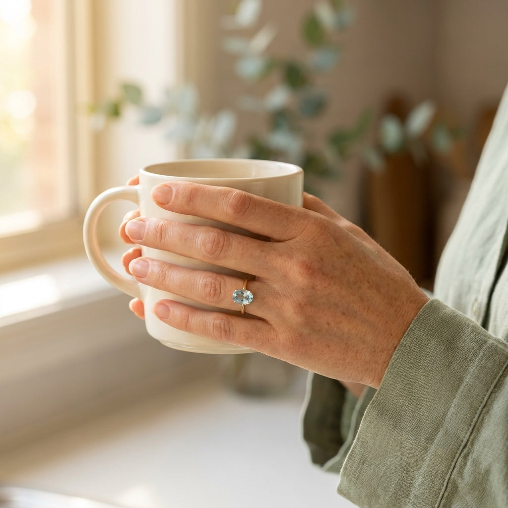 By Sophi Natural Blue Topaz Solitaire Ring in Gold, lifestyle portrait styled on model
