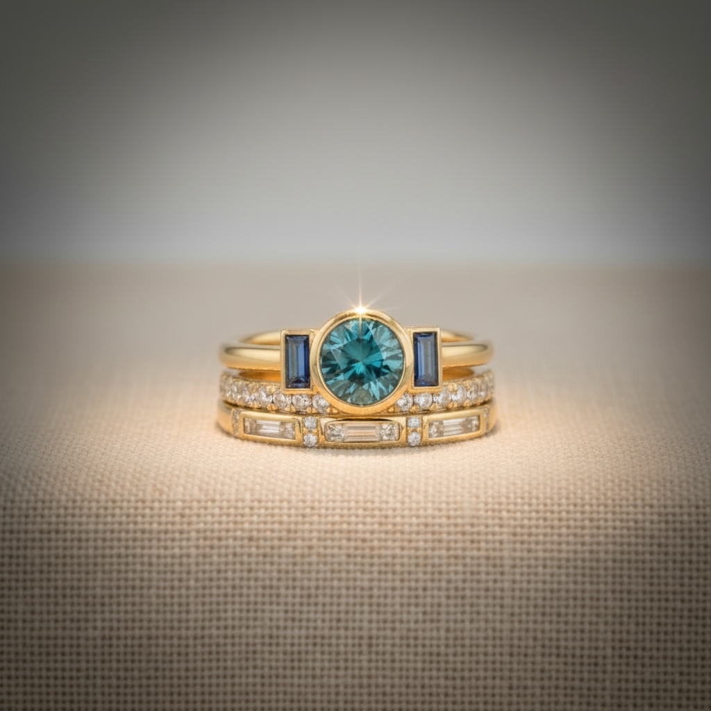 Stack of gold rings with blue gemstones and diamonds on a light gray background