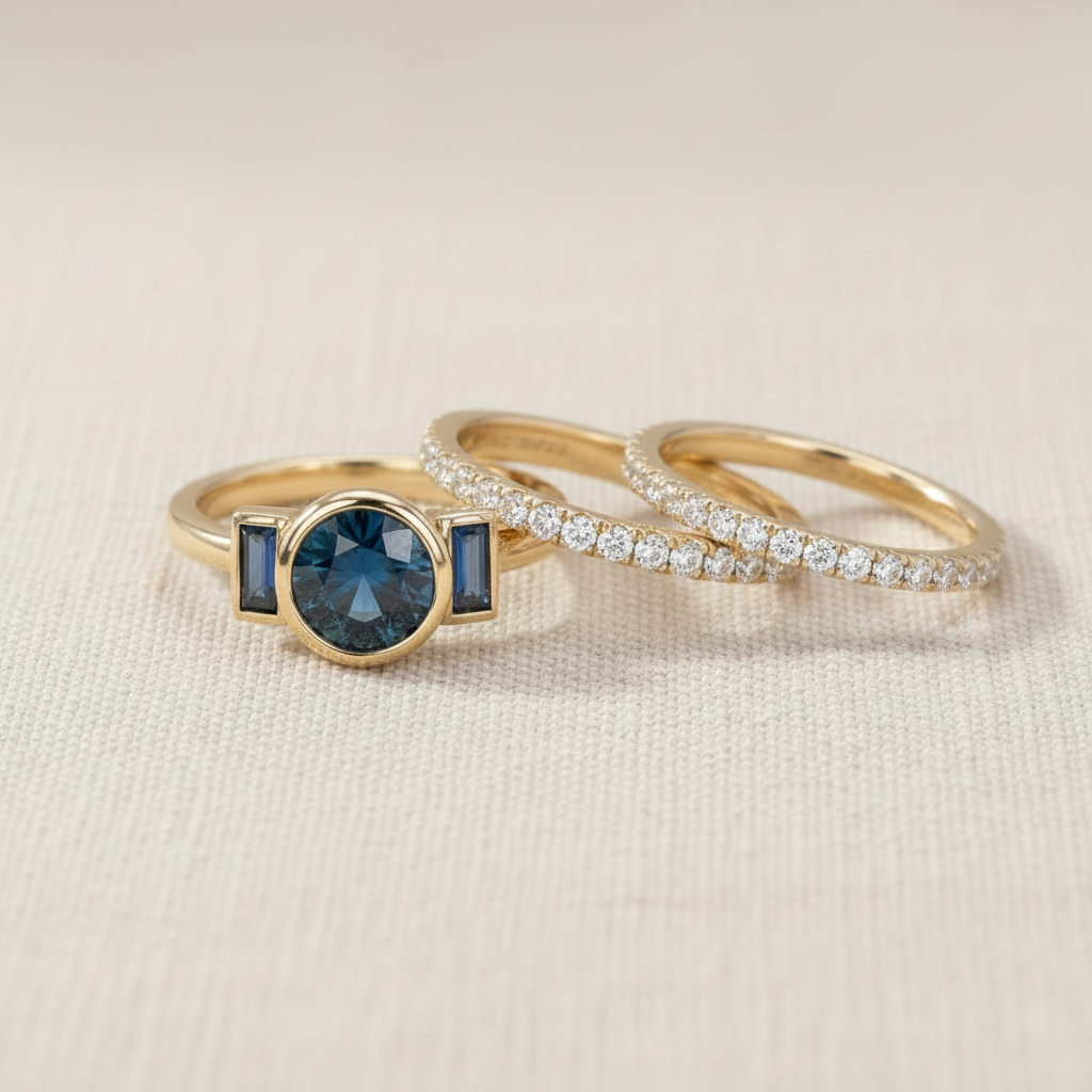 Three gold rings with gemstones on a light gray background
