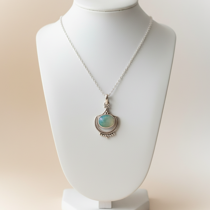 Boho Opal Necklace in Silver