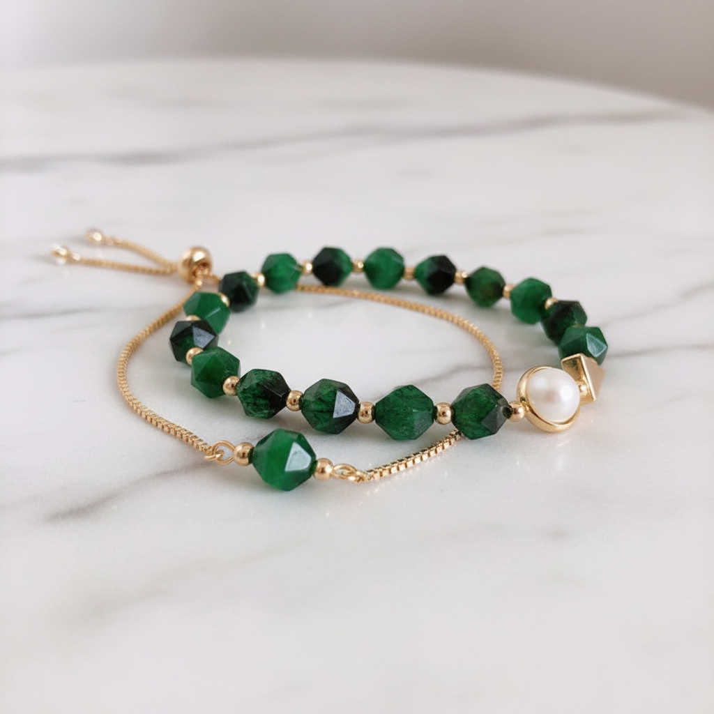 Double Layer Green Stone Gold Bracelet