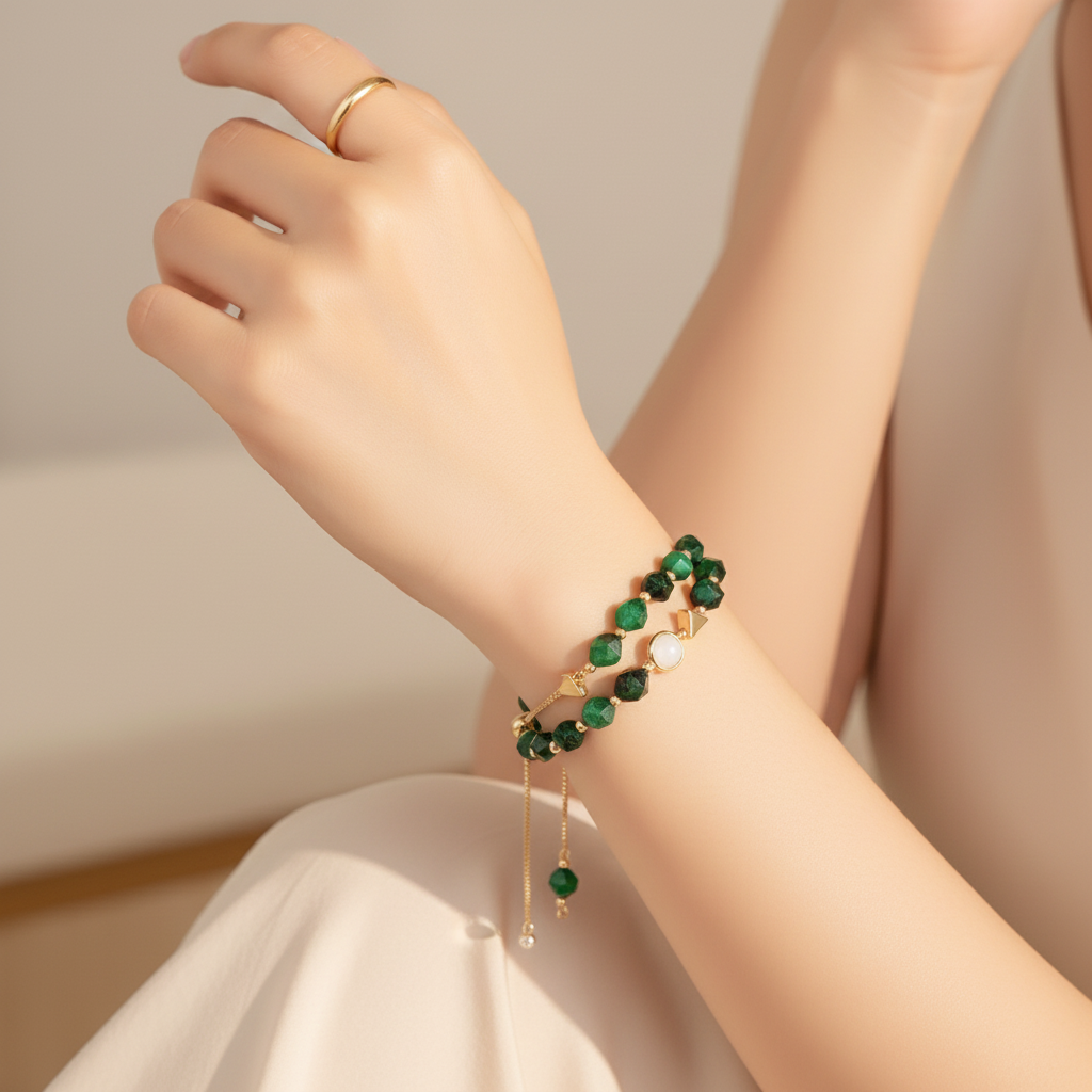 Double Layer Green Stone Gold Bracelet