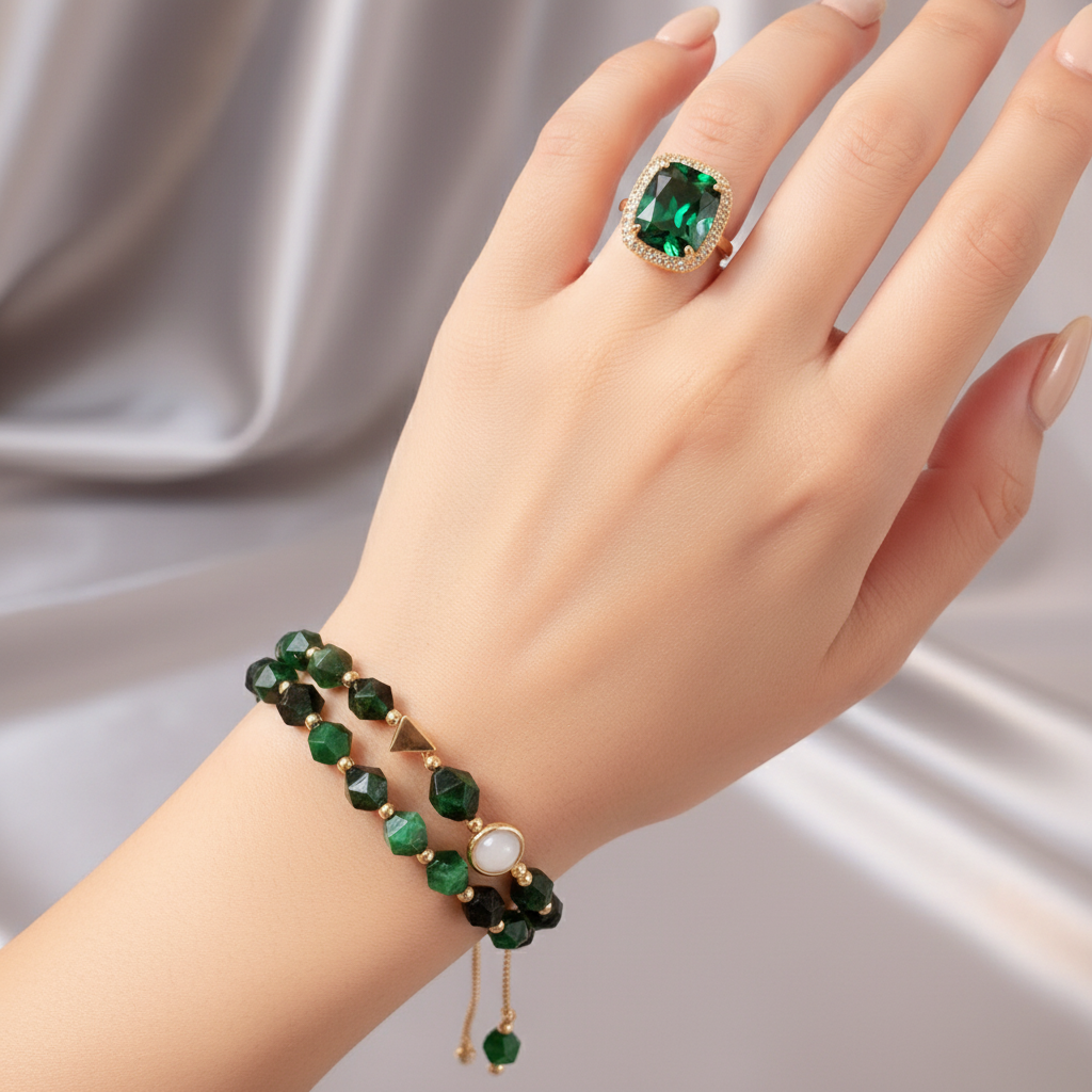 Double Layer Green Stone Gold Bracelet