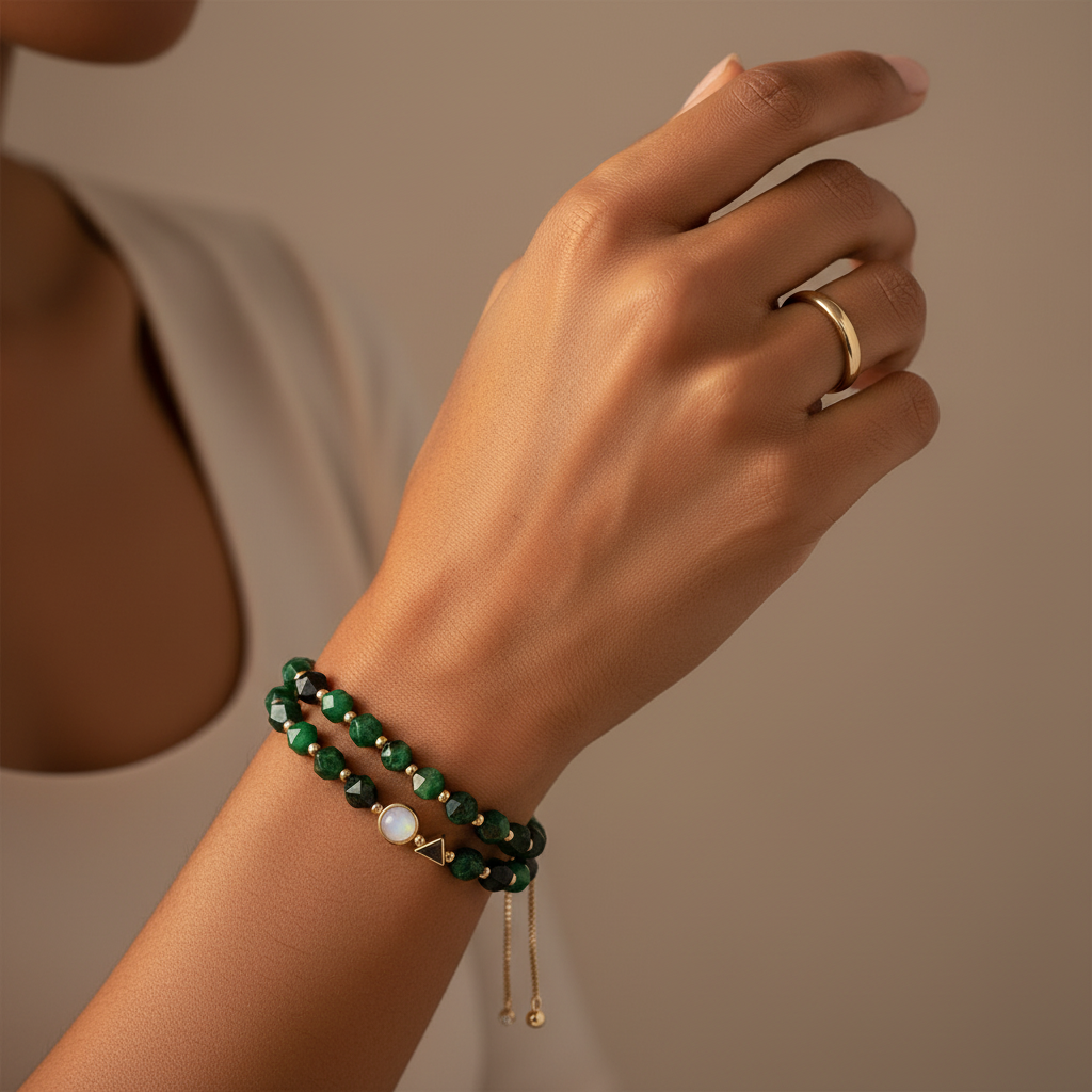 Double Layer Green Stone Gold Bracelet