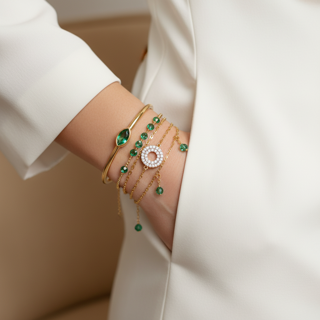 Pack Green Crystal Bracelets in Gold