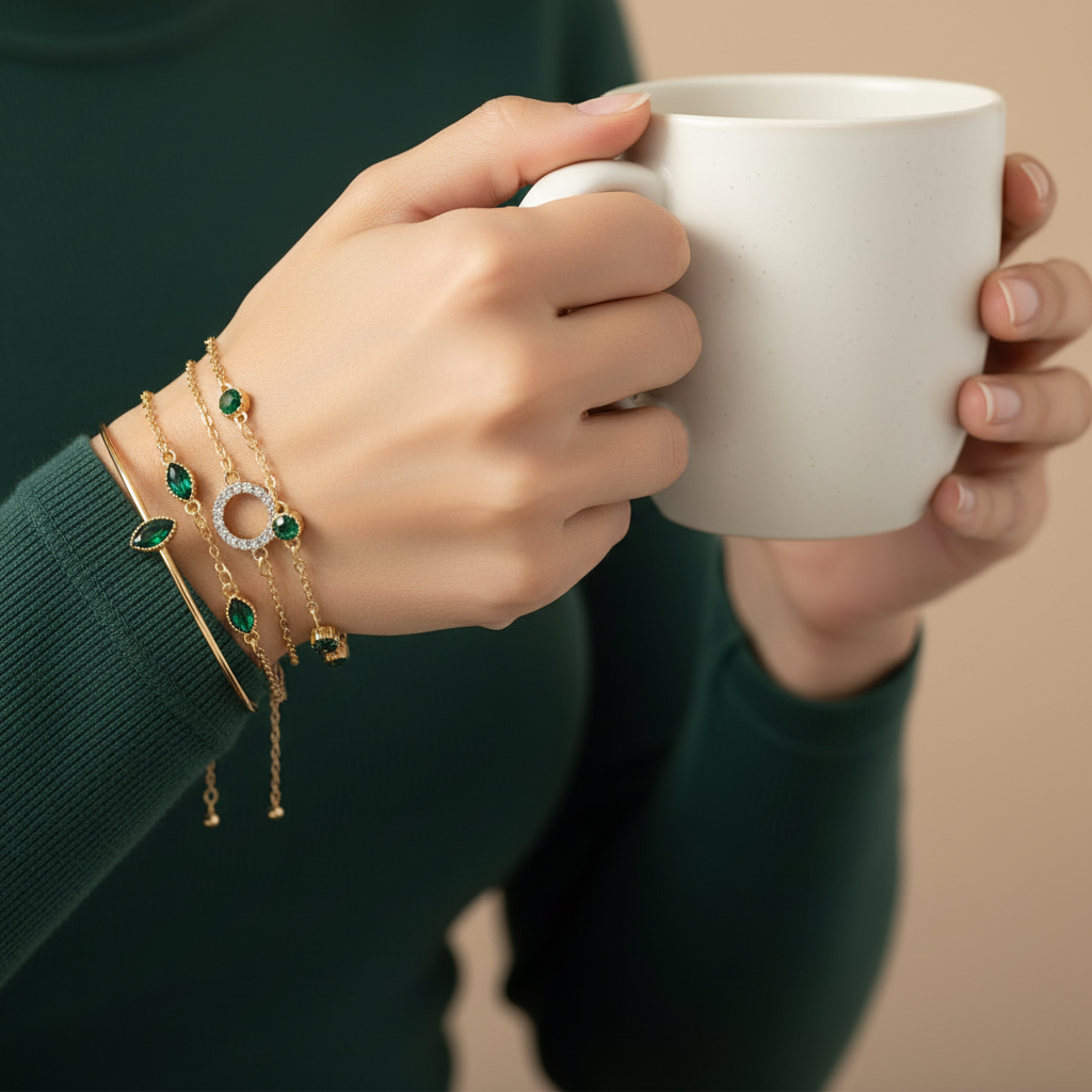 Pack Green Crystal Bracelets in Gold