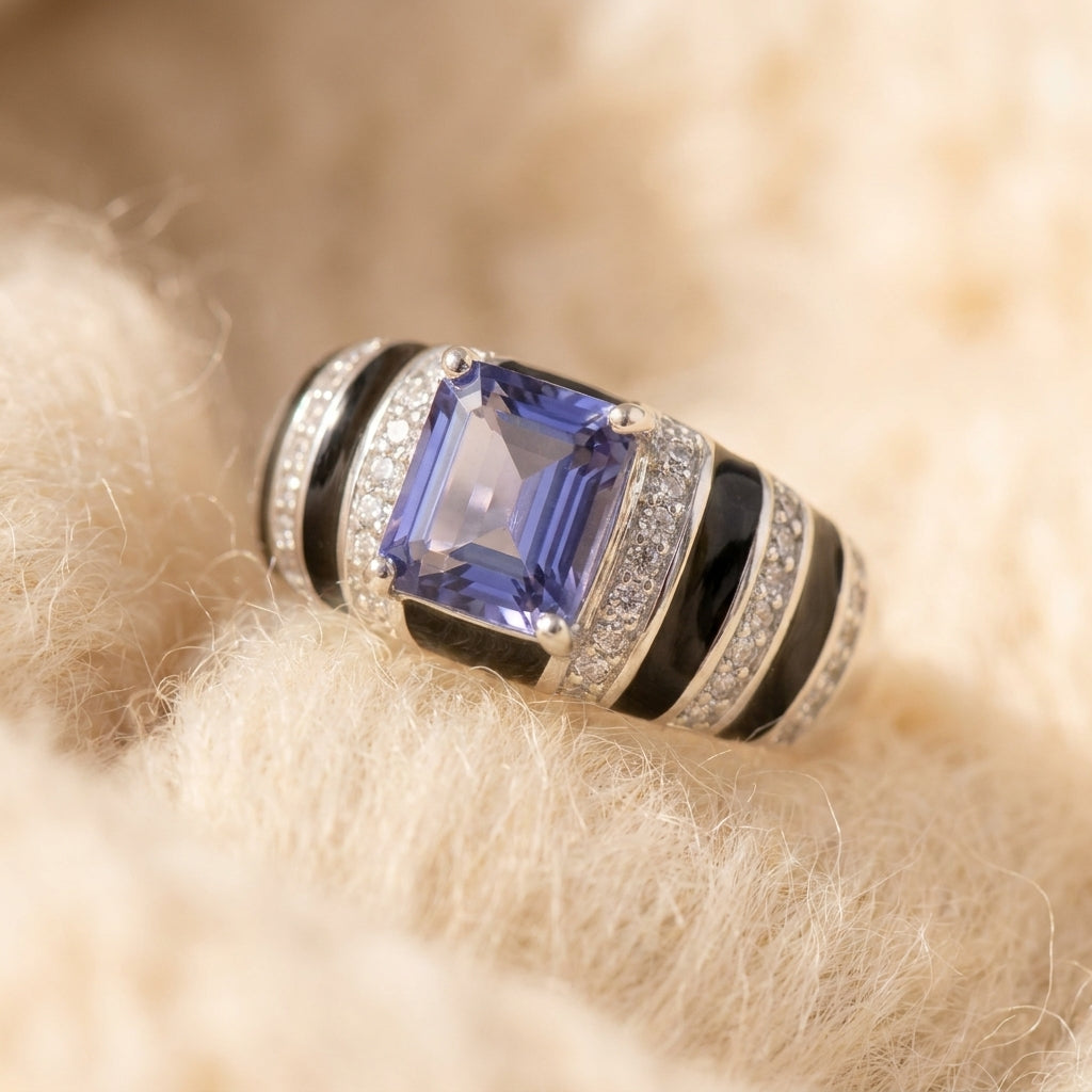 By Sophi Natural Iolite and Black Enamel Ring, close-up macro on warm cream wool with soft diffused natural light