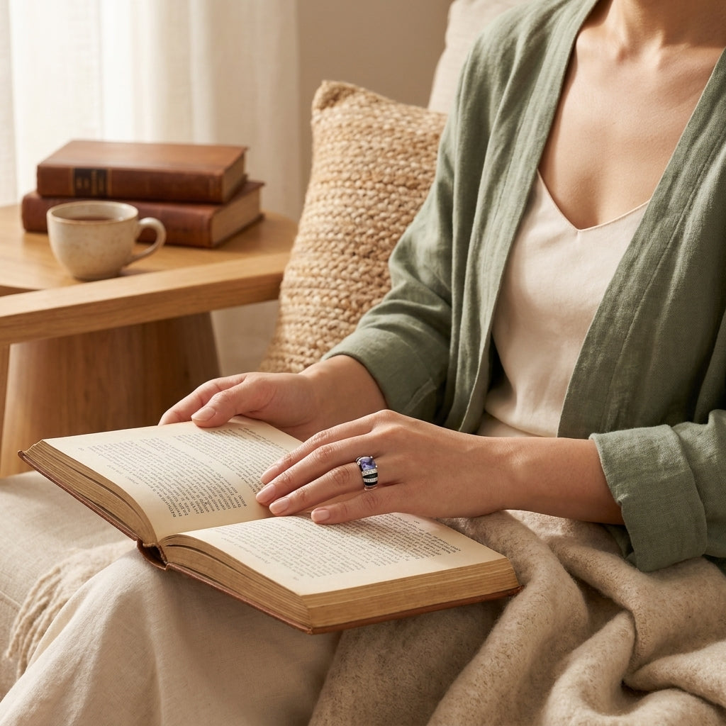 By Sophi Natural Iolite and Black Enamel Ring in a lifestyle moment, reading with an open book in a cottage nook