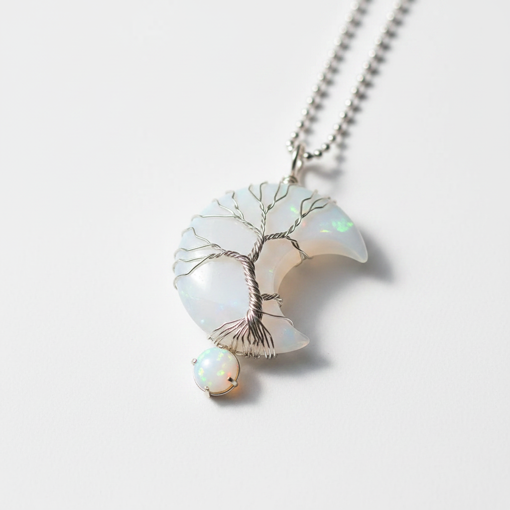 Crescent Moon Opal & Crystal Necklace