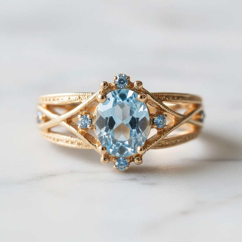 Inlaid Blue Glass Gold Ring