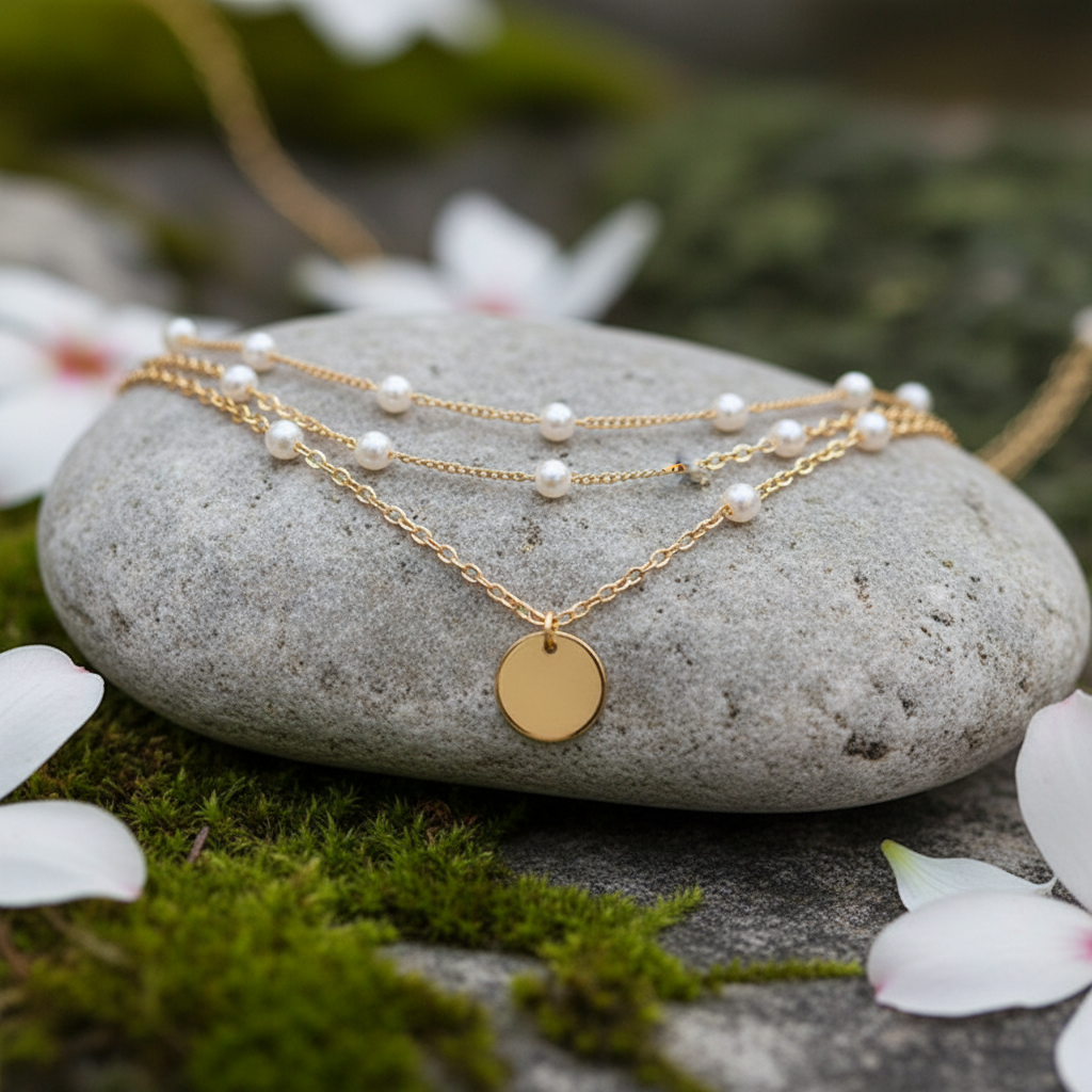 Layered Gold Plated Necklace with Pearls in Gold