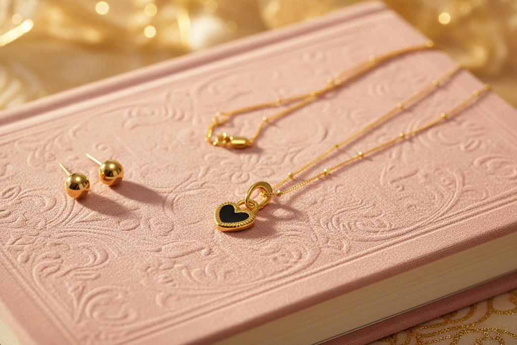 Black and White Heart Pendant Necklace in Gold