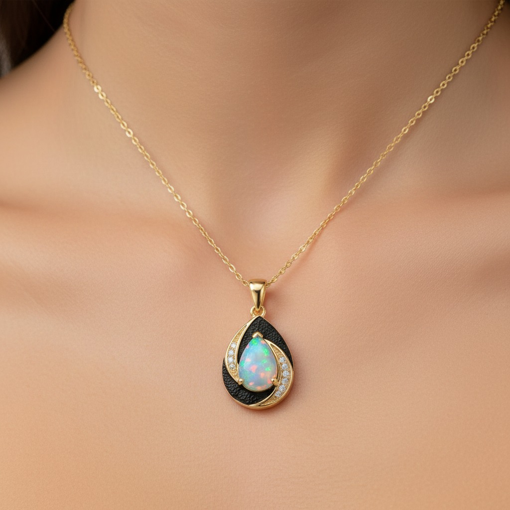 Natural Ethiopian Opal Pendant Necklace in Gold-Plated Sterling Silver