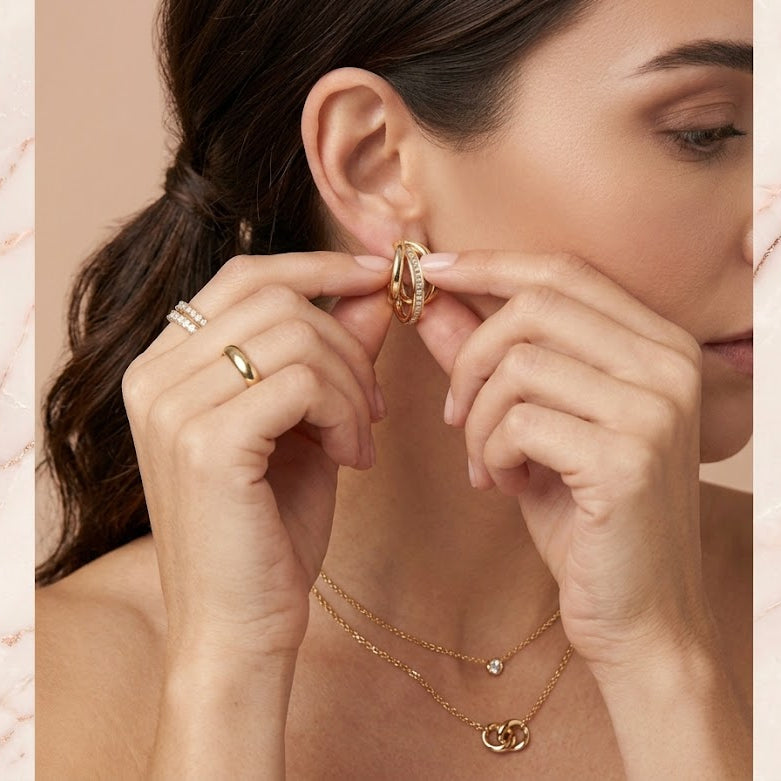Three-Ring Drop Interlocking Earrings in Gold