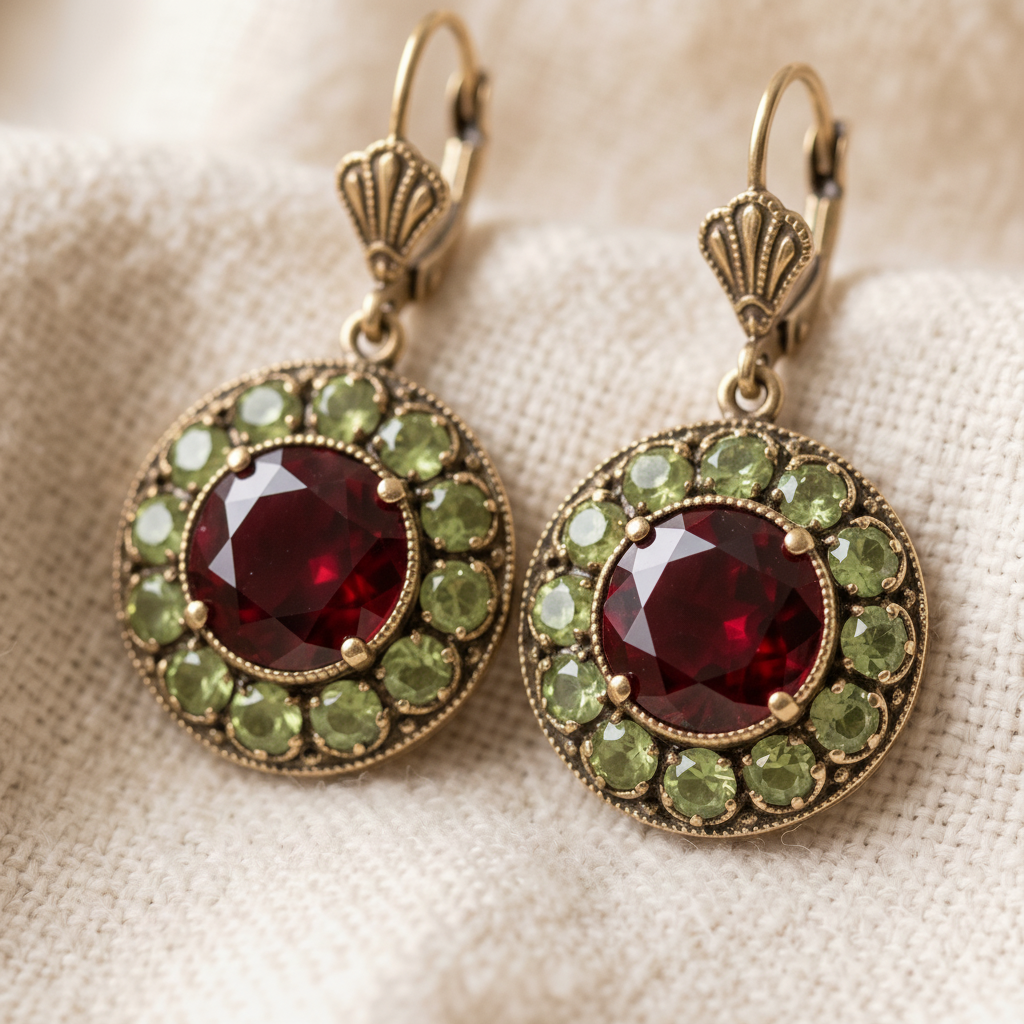 Vintage Rounded Green & Red Crystal Earrings