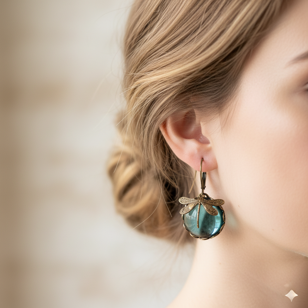 Spherical Dragonfly Earrings in Antique Gold