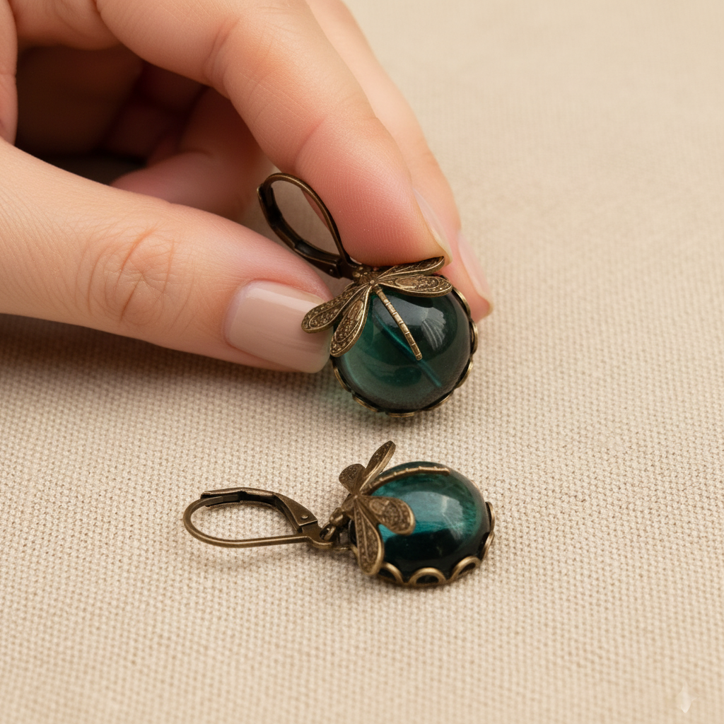 Spherical Dragonfly Earrings in Antique Gold