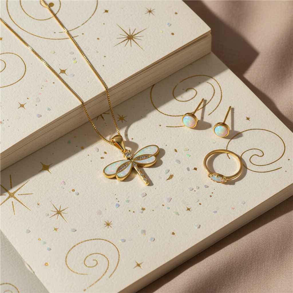 Dragonfly Necklace in Gold with Opal