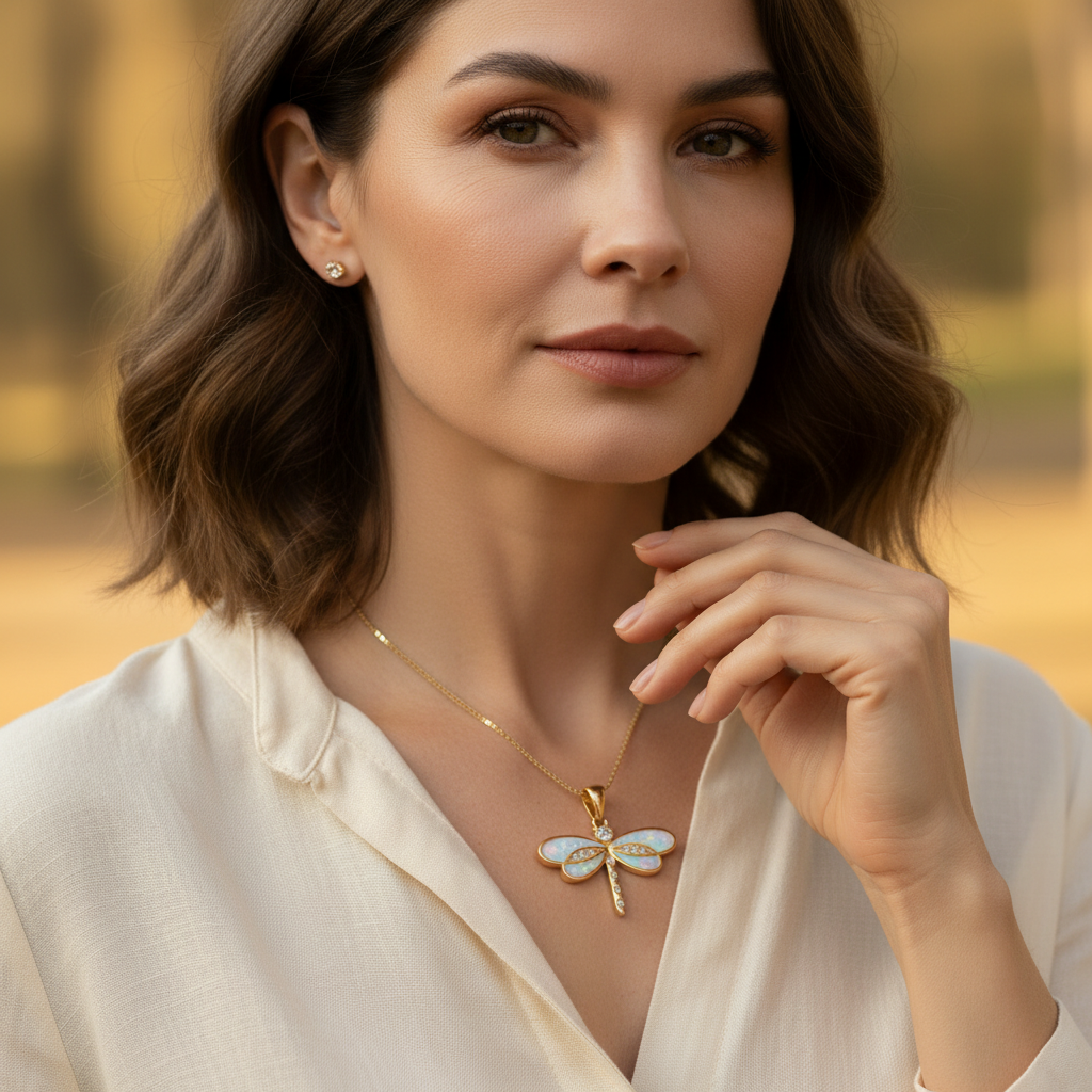 Dragonfly Necklace in Gold with Opal