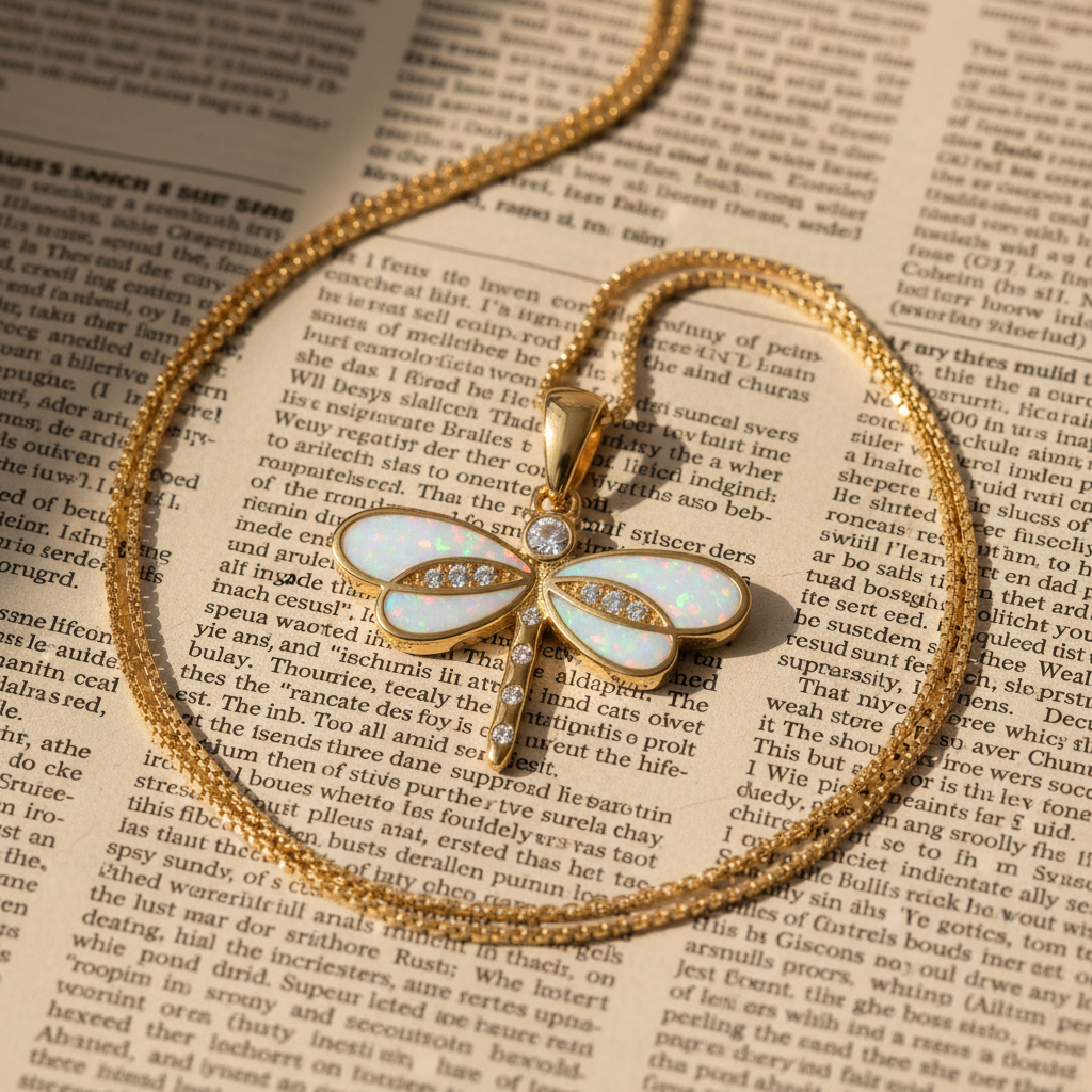 Dragonfly Necklace in Gold with Opal