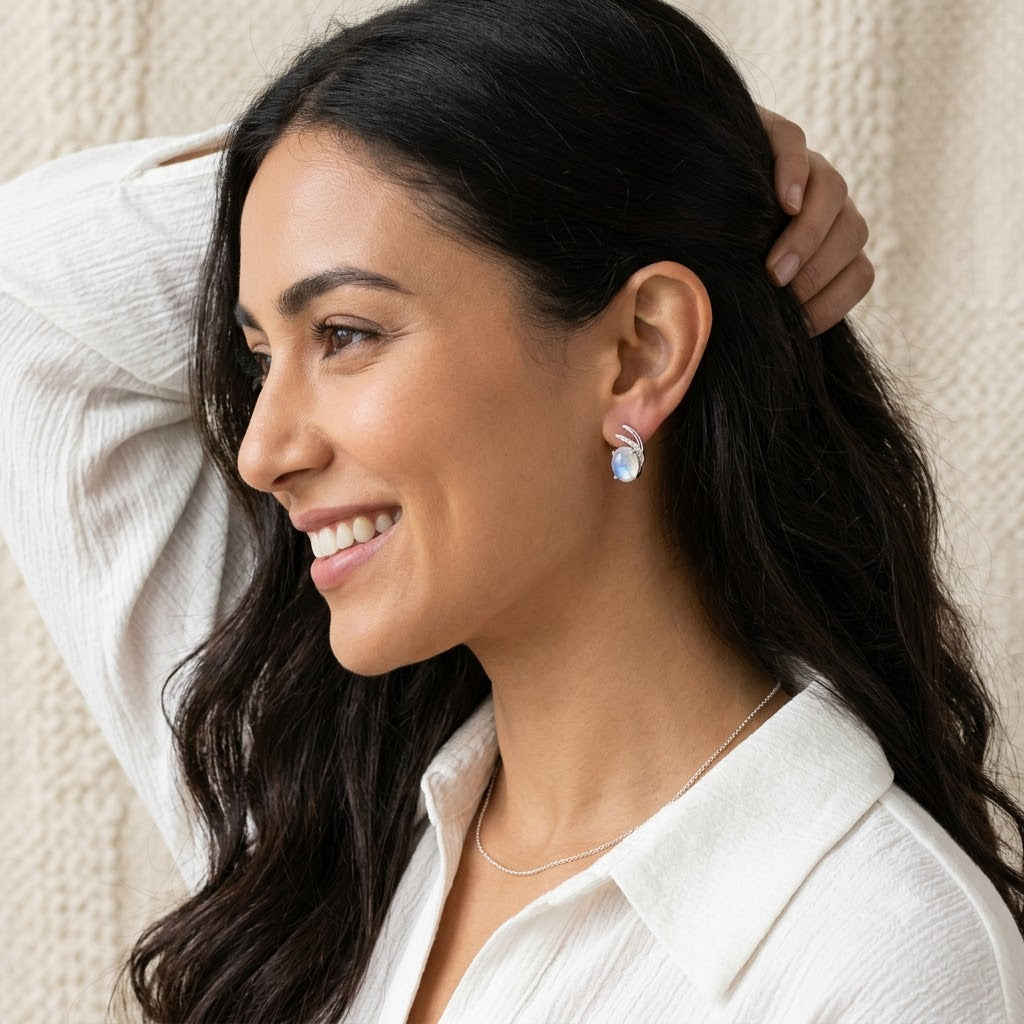 Natural White Moonstone Huggie Earrings in Sterling Silver