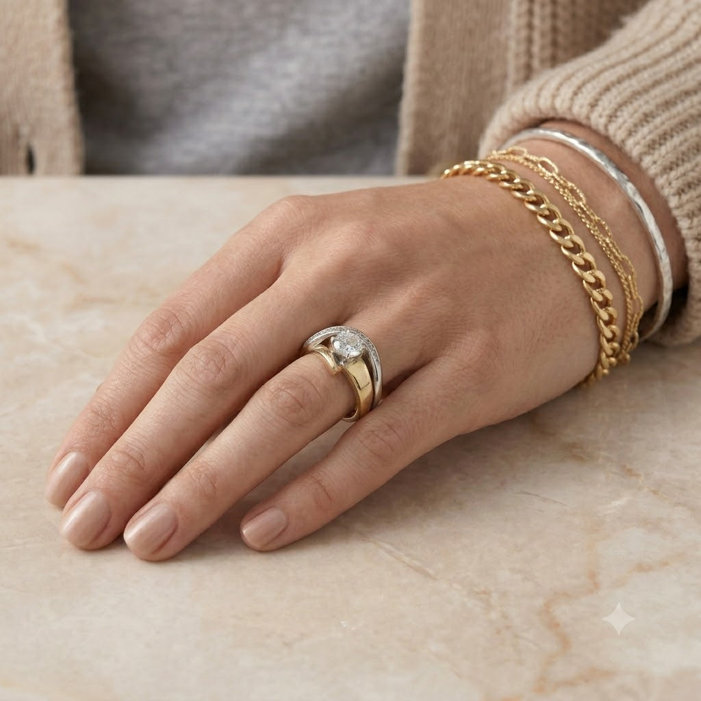 Vintage Irregular Gold & Silver Zirconia Ring