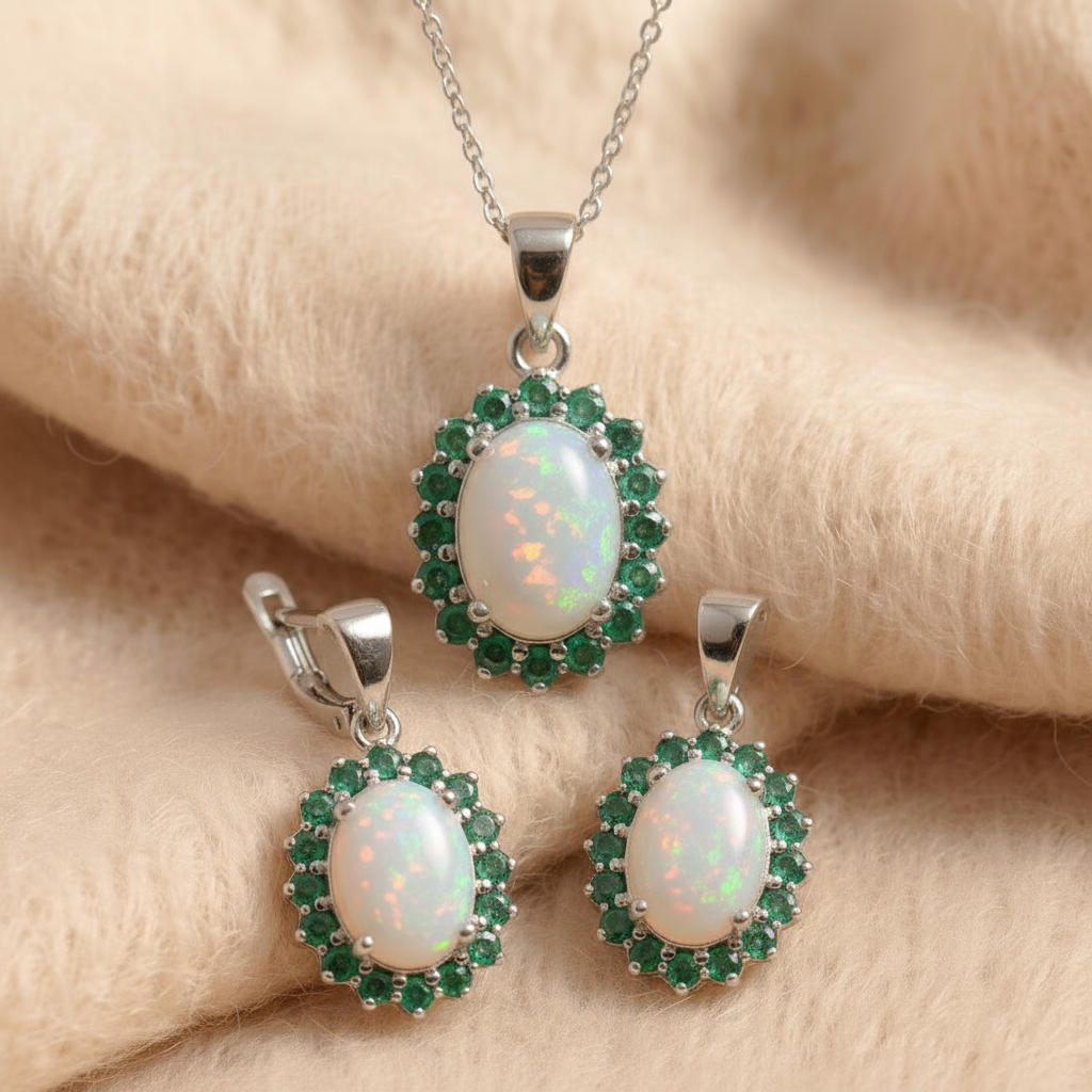 Natural Opal & Emerald Jewelry Set in Sterling Silver