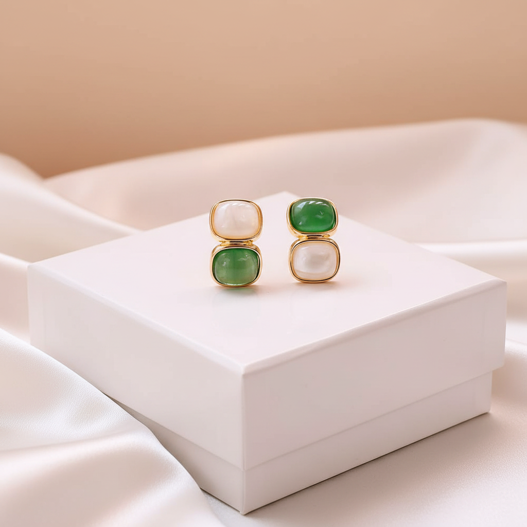 White & Green Stone Earrings in Gold