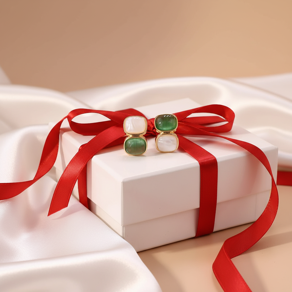 White & Green Stone Earrings in Gold