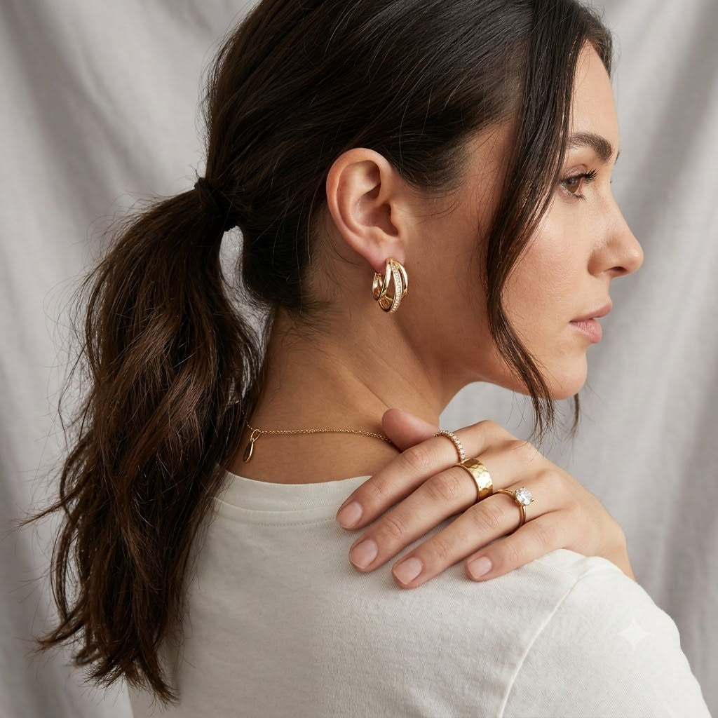 Three-Ring Drop Interlocking Earrings in Gold