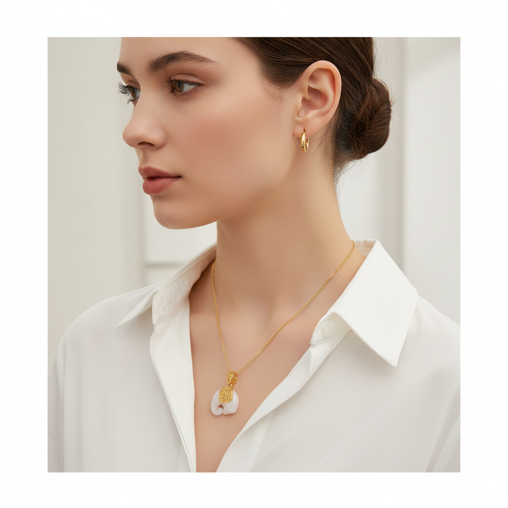 Elephant Necklace with White Opal in Gold