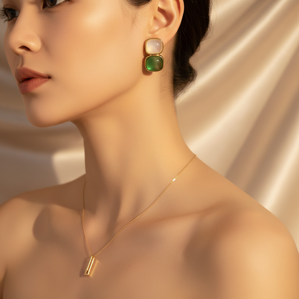 White & Green Stone Earrings in Gold