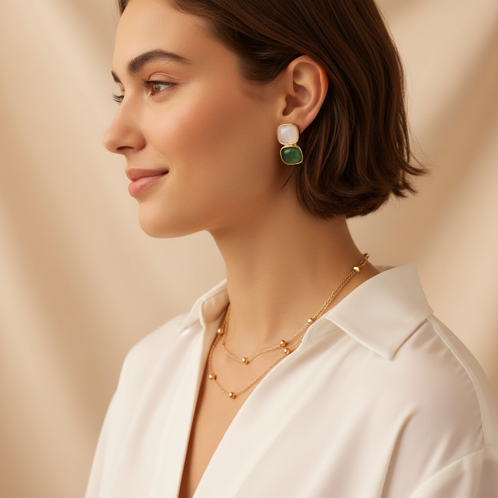 White & Green Stone Earrings in Gold