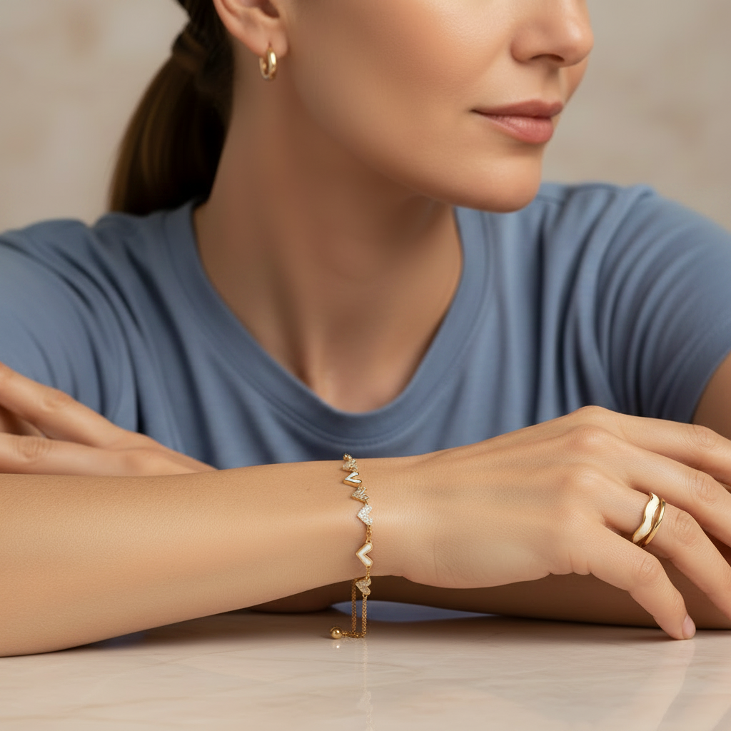 White Enamel & Gold Heart Bracelet