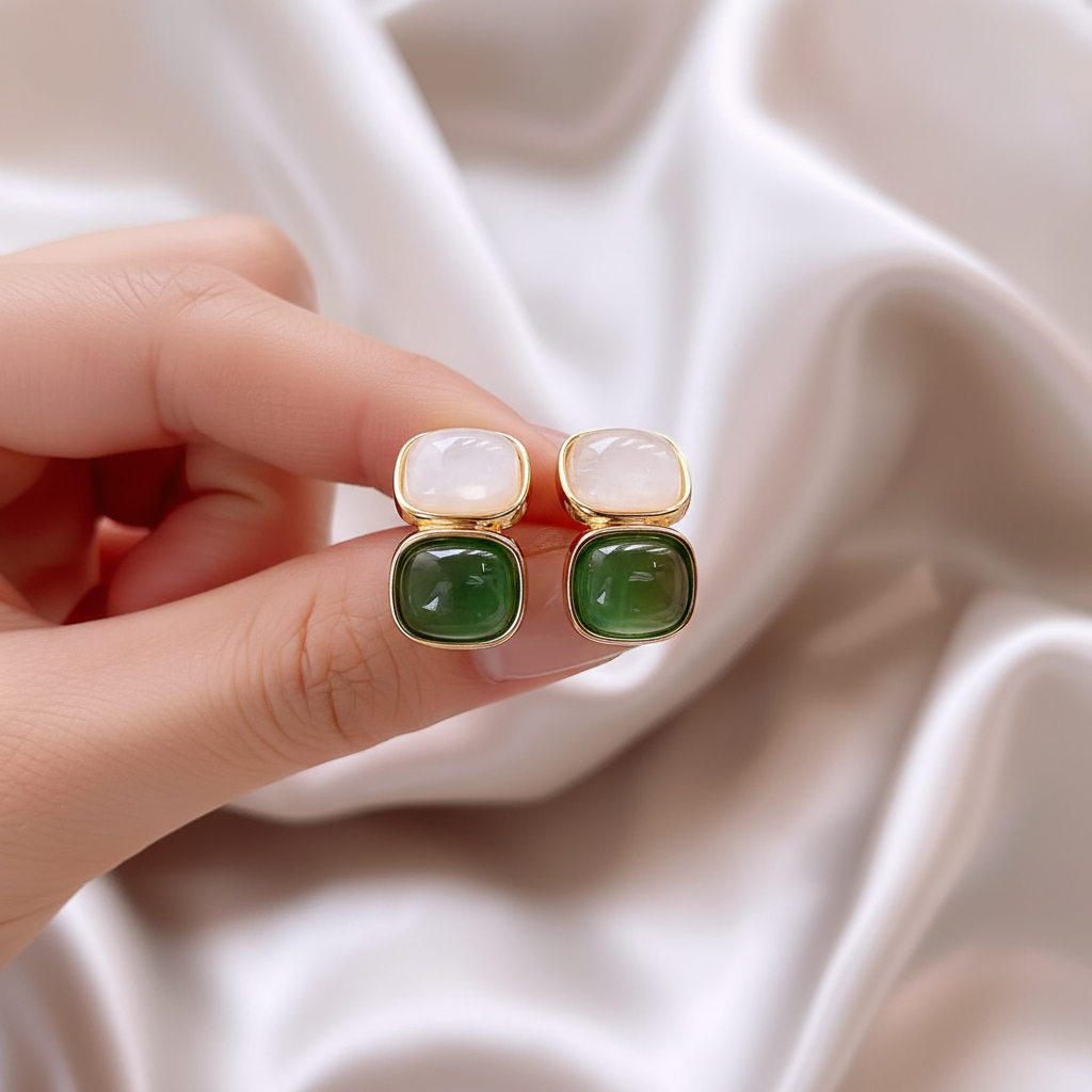 White & Green Stone Earrings in Gold