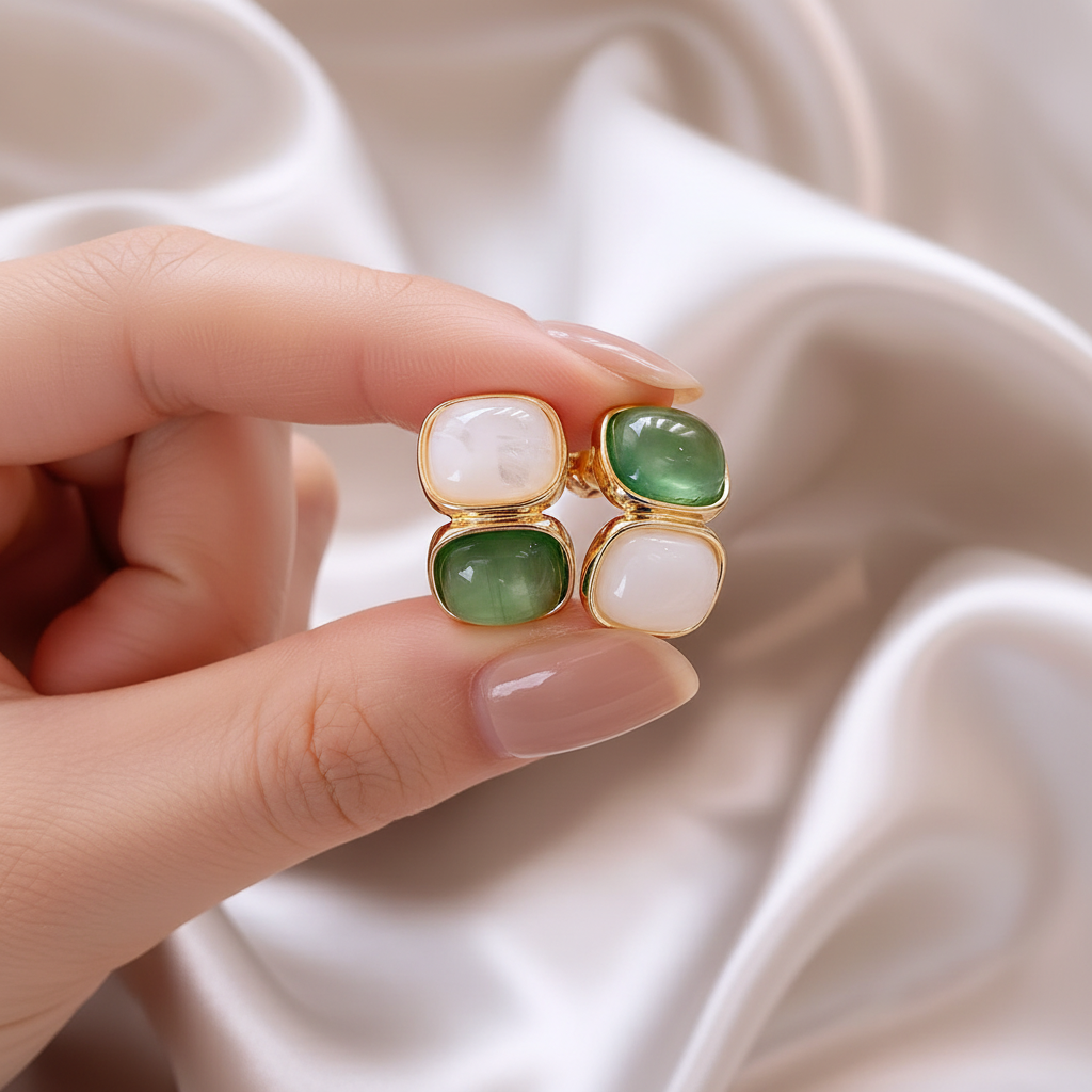 White & Green Stone Earrings in Gold