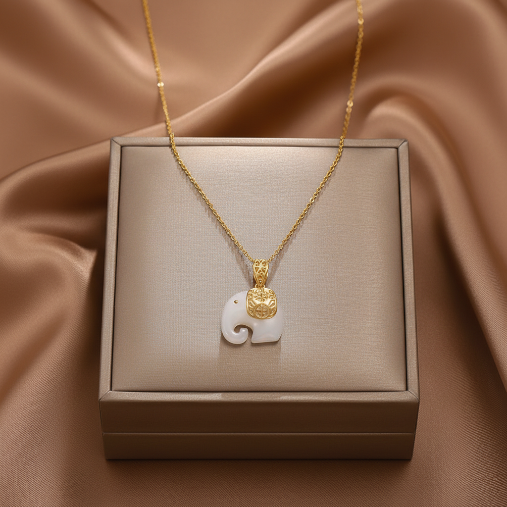 Elephant Necklace with White Opal in Gold
