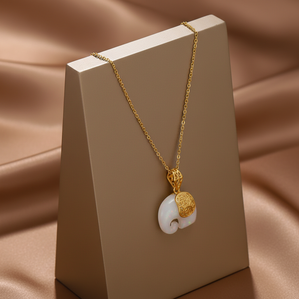 Elephant Necklace with White Opal in Gold