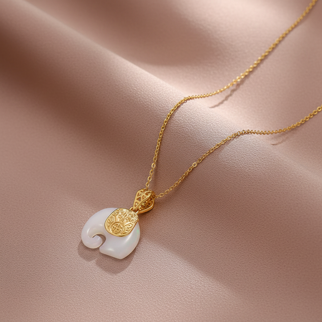 Elephant Necklace with White Opal in Gold