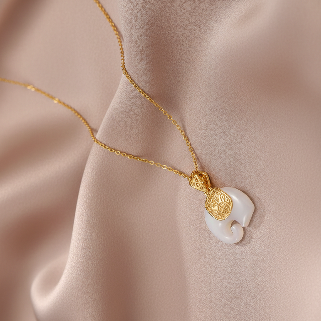 Elephant Necklace with White Opal in Gold