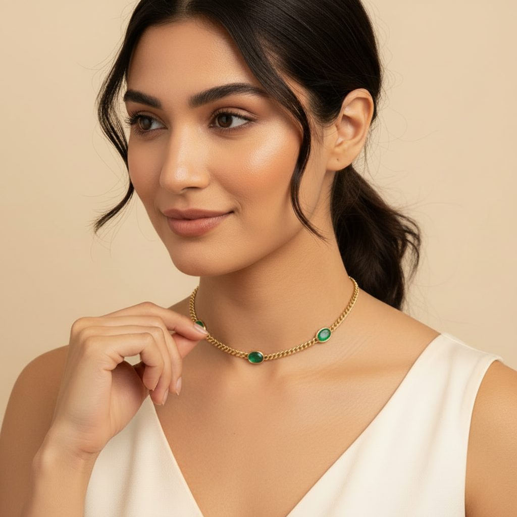 Natural Emerald Bezel Curb Chain Necklace  in Sterling Silver