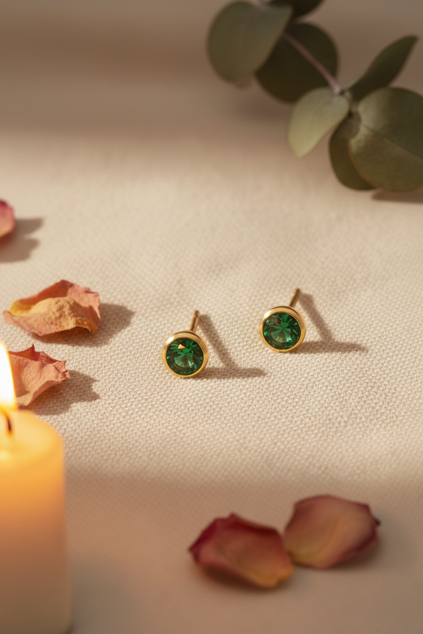 Emerald Birthstone Studs in Gold