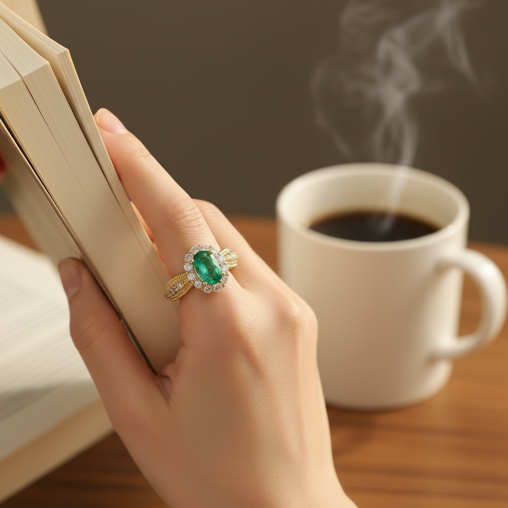 Natural Emerald Halo Ring in Sterling Silver