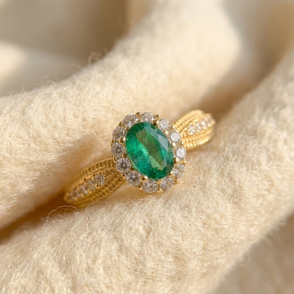 By Sophi Natural Emerald Halo Ring, catalog flat-lay on warm cream wool