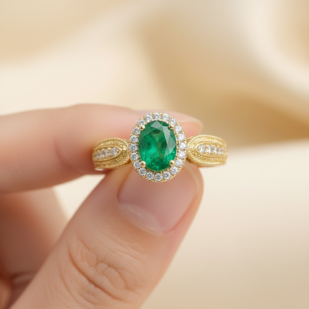 Natural Emerald Halo Ring in Sterling Silver