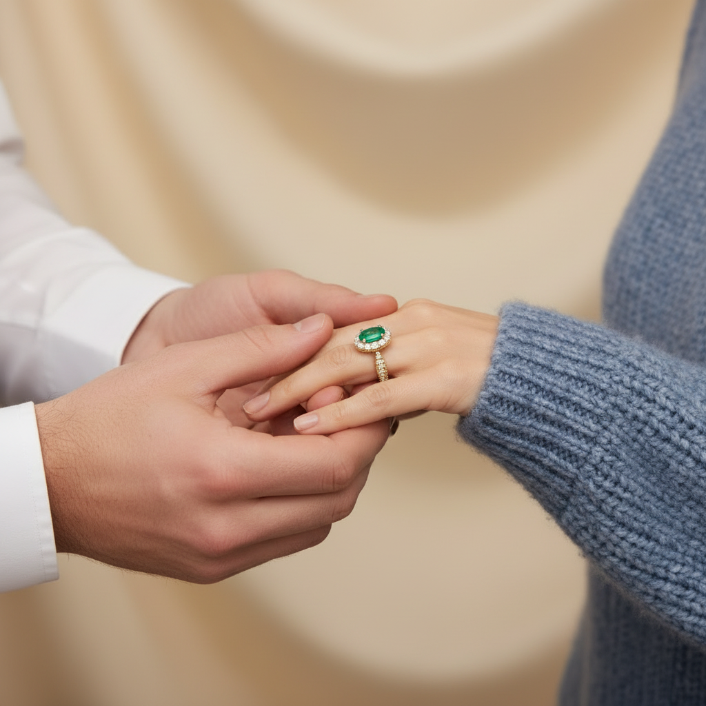 Natural Emerald Halo Ring in Sterling Silver