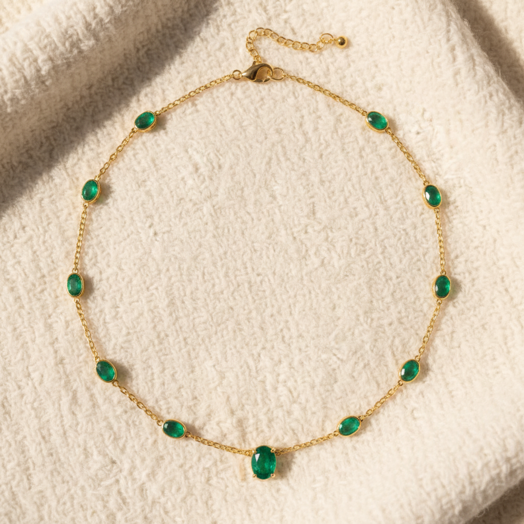 Natural Emerald Bezel Curb Chain Necklace  in Sterling Silver