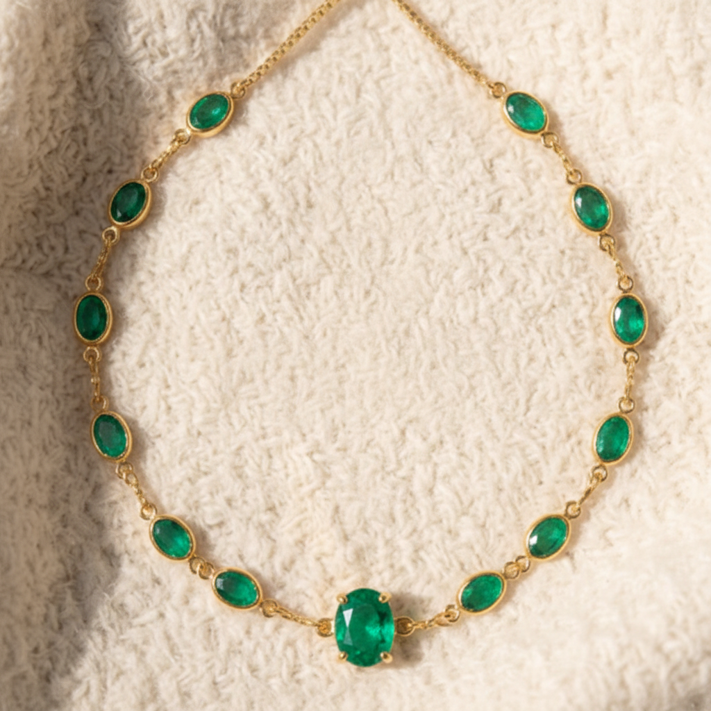 Natural Emerald Bezel Curb Chain Necklace  in Sterling Silver