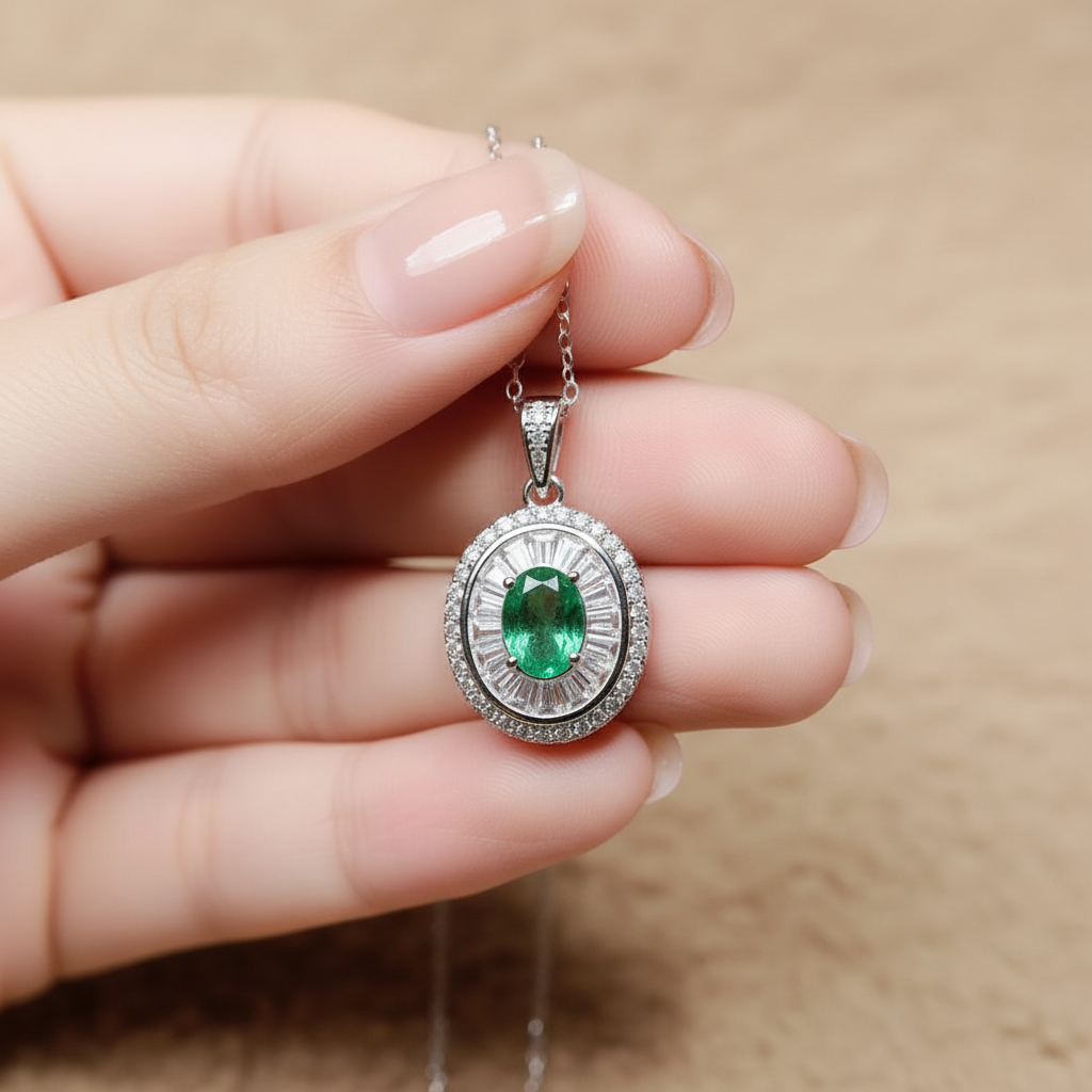 Natural Emerald Halo Pendant Necklace in Sterling Silver